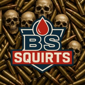 BS Squirts logo with skulls and ammunition background, BS Squirts firearms and safety brand emblem