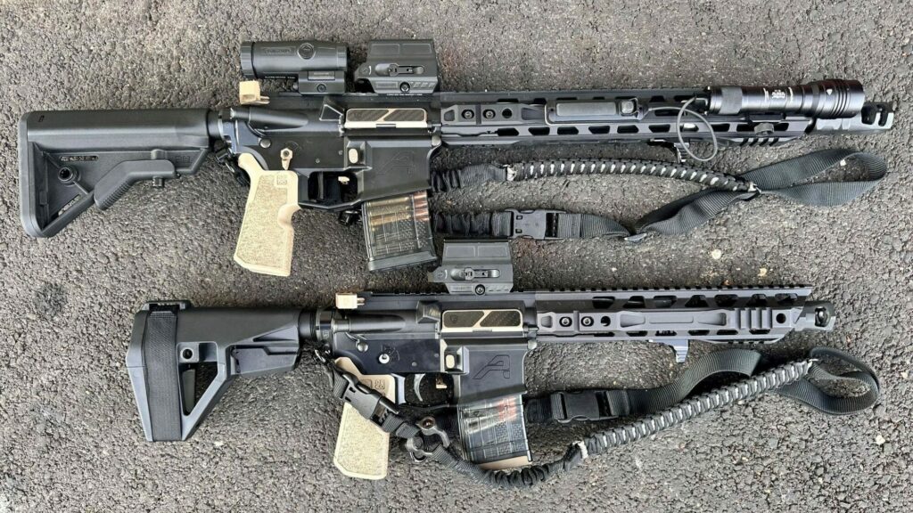 Phase5 Builds pic. matching builds that came out bad ass everything is built Ergonomic friendly with comfort in mind. Top 5.56 and lower shorty is 300BLK (with a super safety.