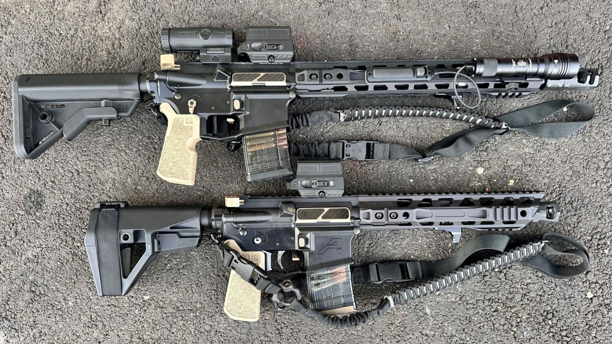 Phase5 Builds pic. matching builds that came out bad ass everything is built Ergonomic friendly with comfort in mind. Top 5.56 and lower shorty is 300BLK (with a super safety.