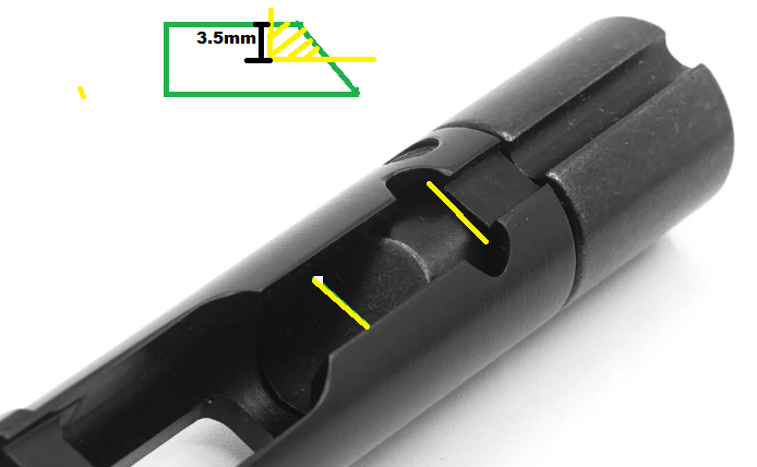 9mm bolt that needs weight stilll cut. indications lines (yellow) showing where weight needs to be cut.